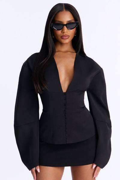 Off Duty Boss Puff Sleeve Button Front Blouse - Black