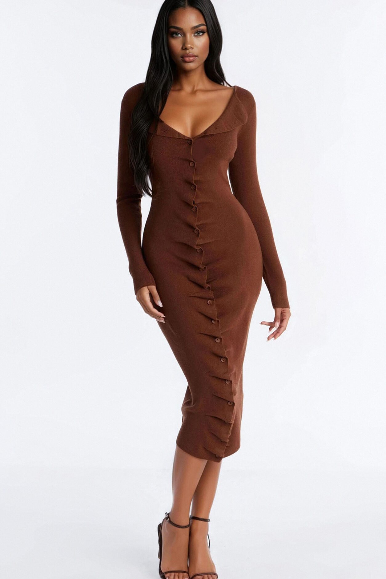 Jaime Sweater Button Up Midi Dress - Brown