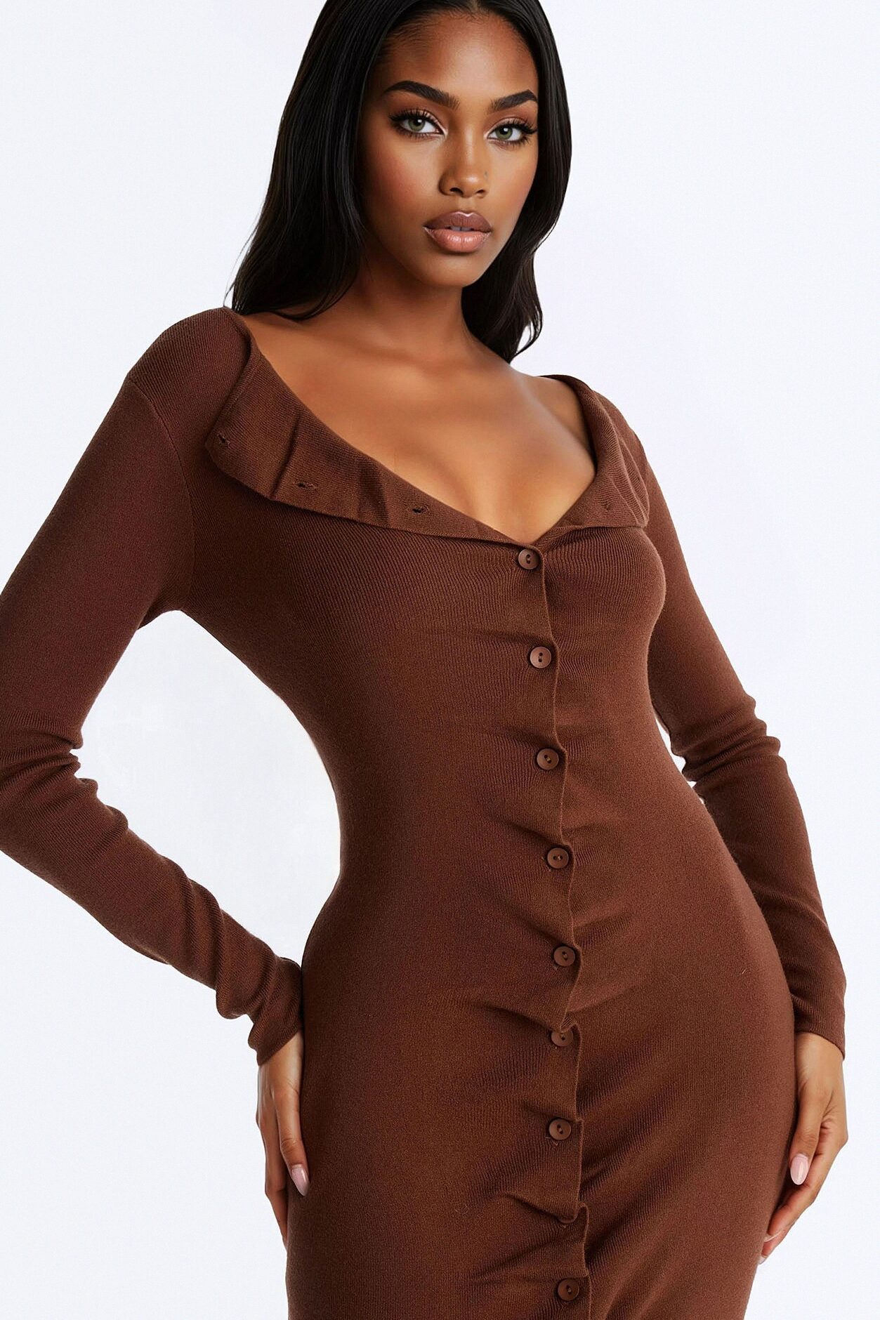 Jaime Sweater Button Up Midi Dress - Brown