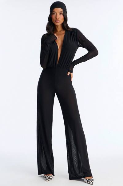 Sara Plunge Neck Jumpsuit And Headscarf 2 Piece Set - Black