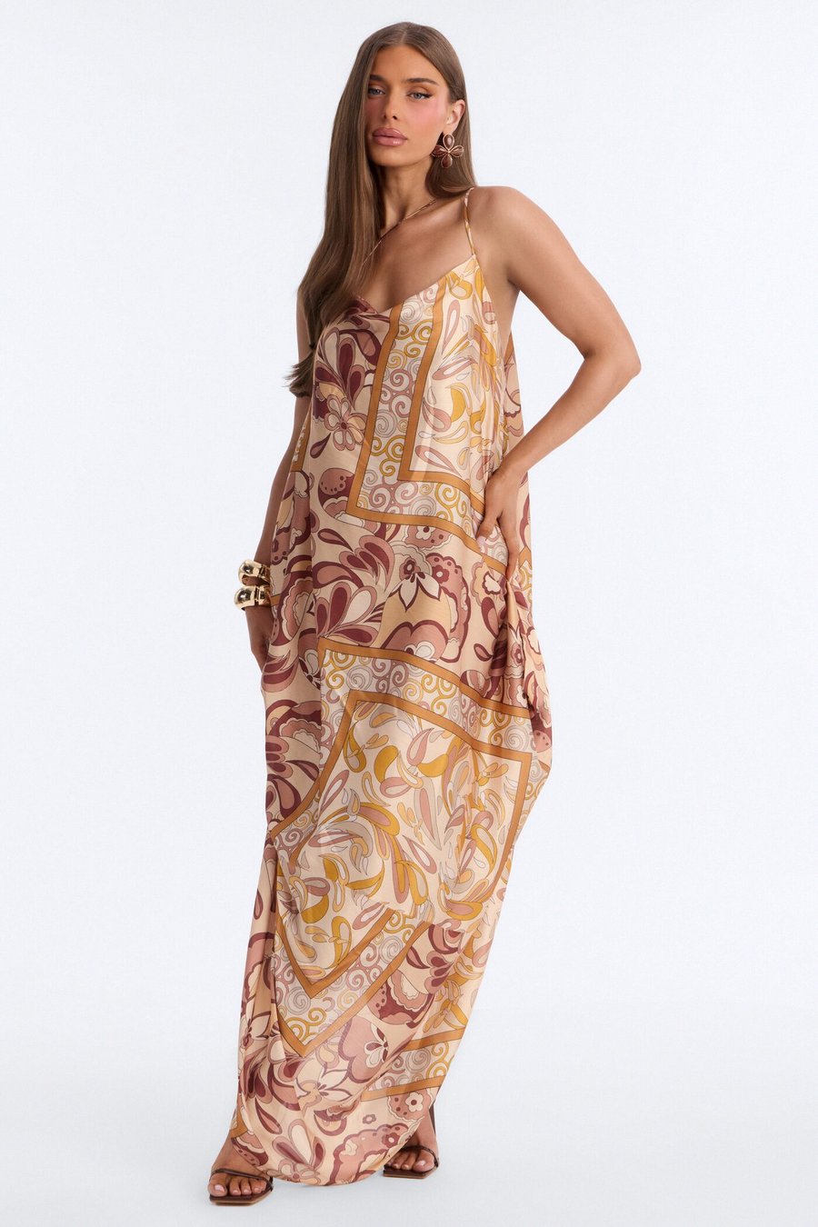 Kaylie Draped Satin Flowy Maxi Dress - Mustard
