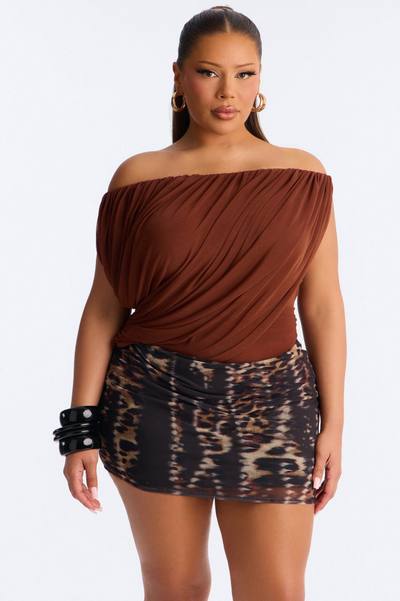 Steff Ruched Off Shoulder Mesh Bodysuit - Brown