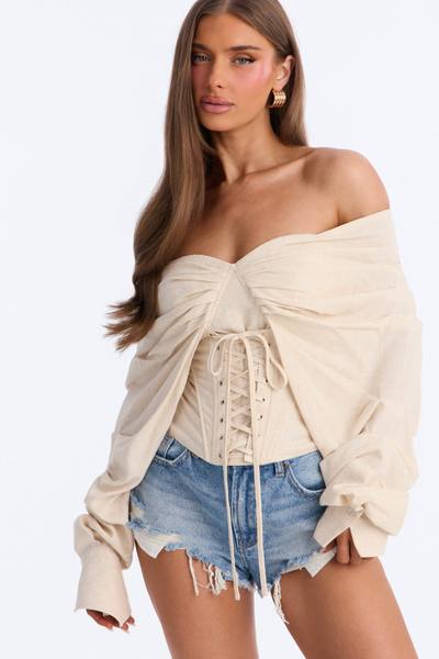 Her Era Off Shoulder Lace Up Linen Corset - Beige