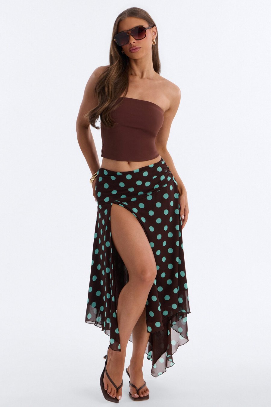 Cameron Polka Dot Chiffon Midi Skirt - Chocolate