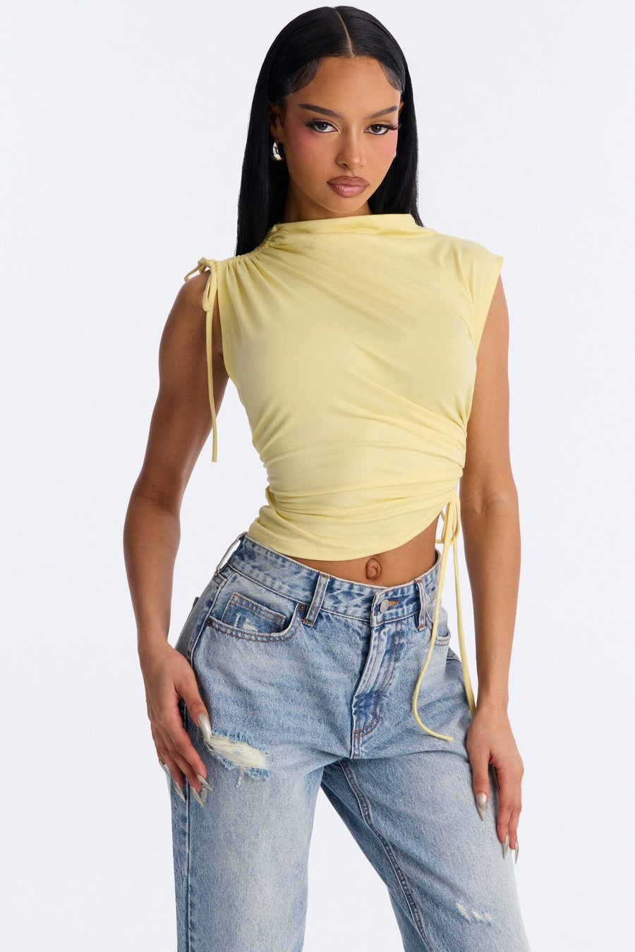Devon Ruched Drawstring Mock Neck Top - Yellow