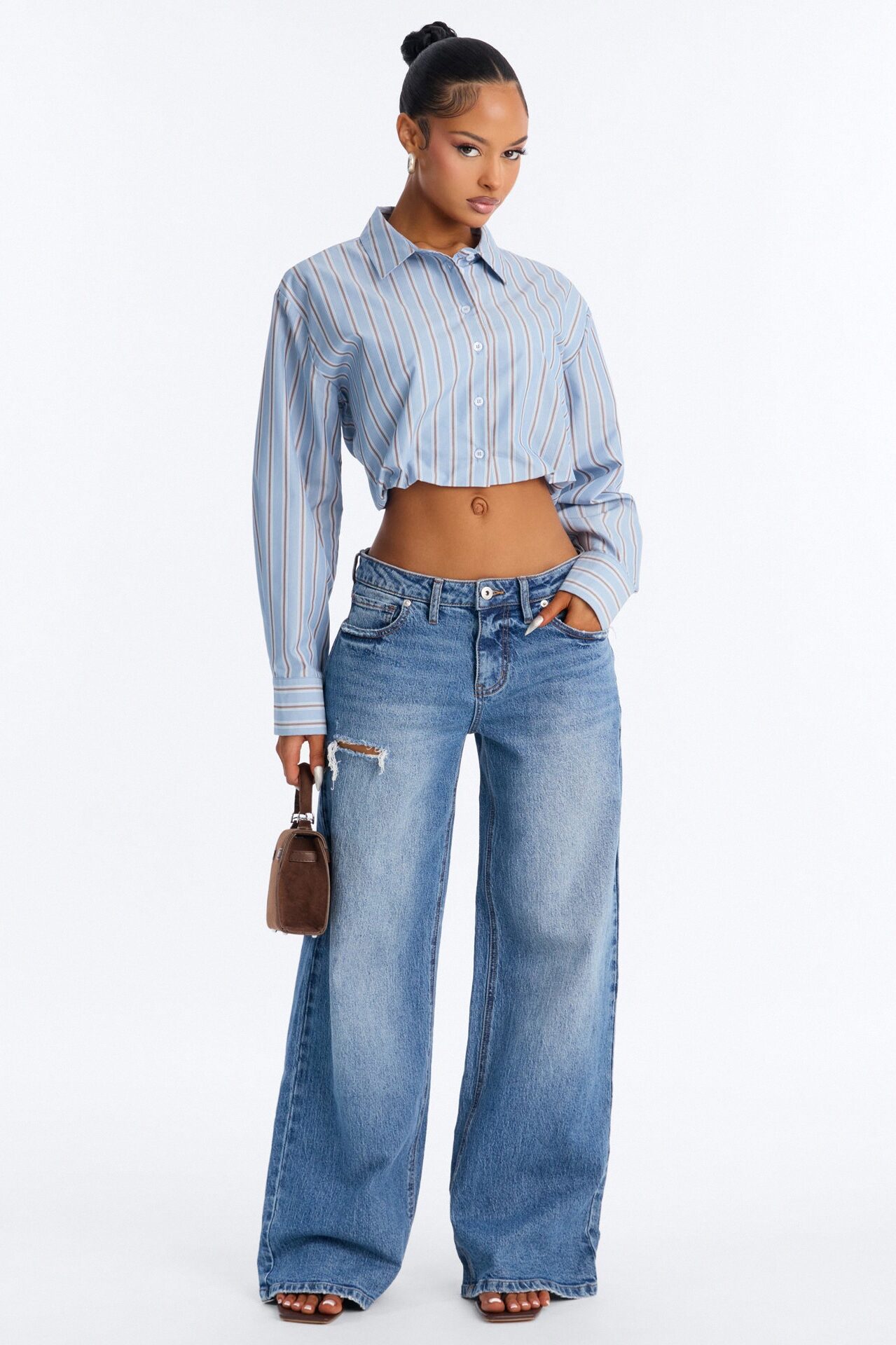 Isabelle Poplin Long Sleeve Cropped Shirt - Blue/combo