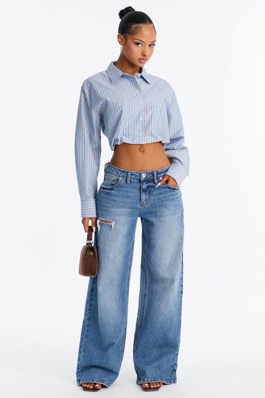 Isabelle Poplin Long Sleeve Cropped Shirt - Blue
