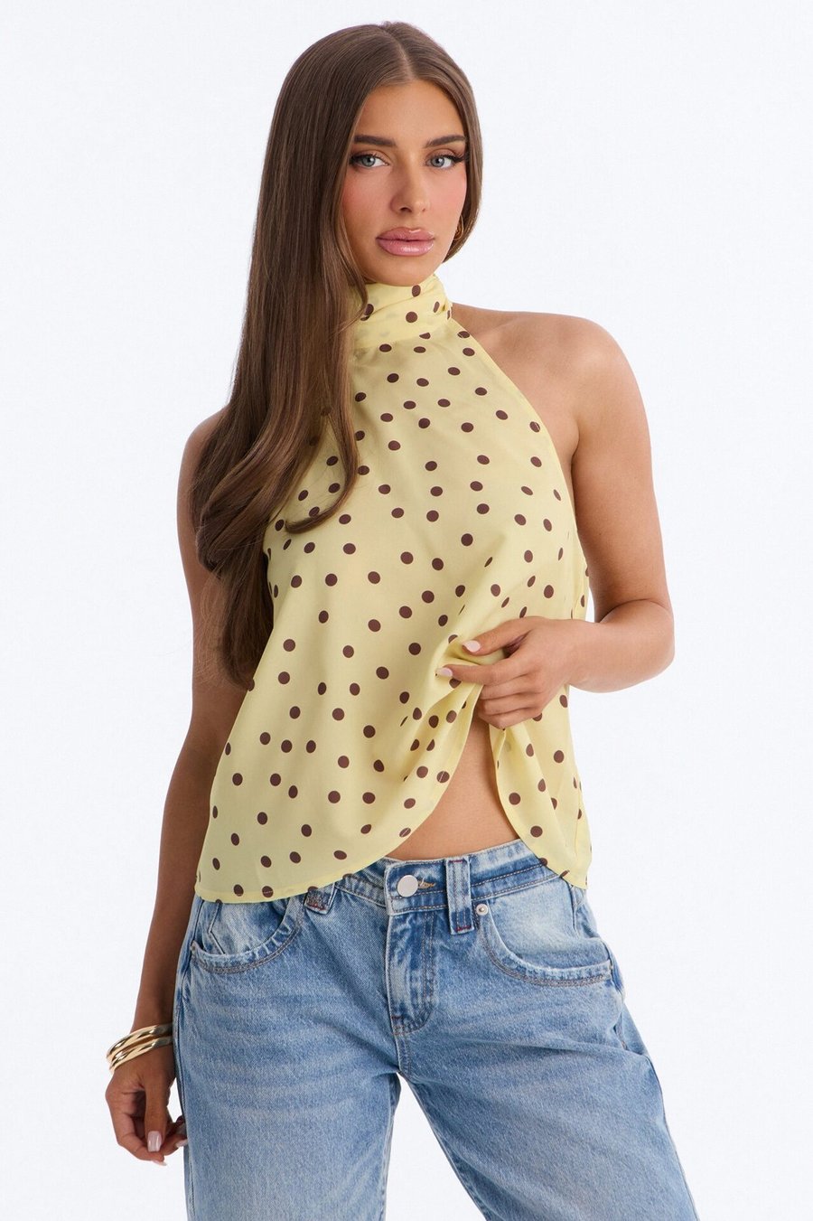 Cute Act Polka Dot Chiffon Halter Top - Yellow